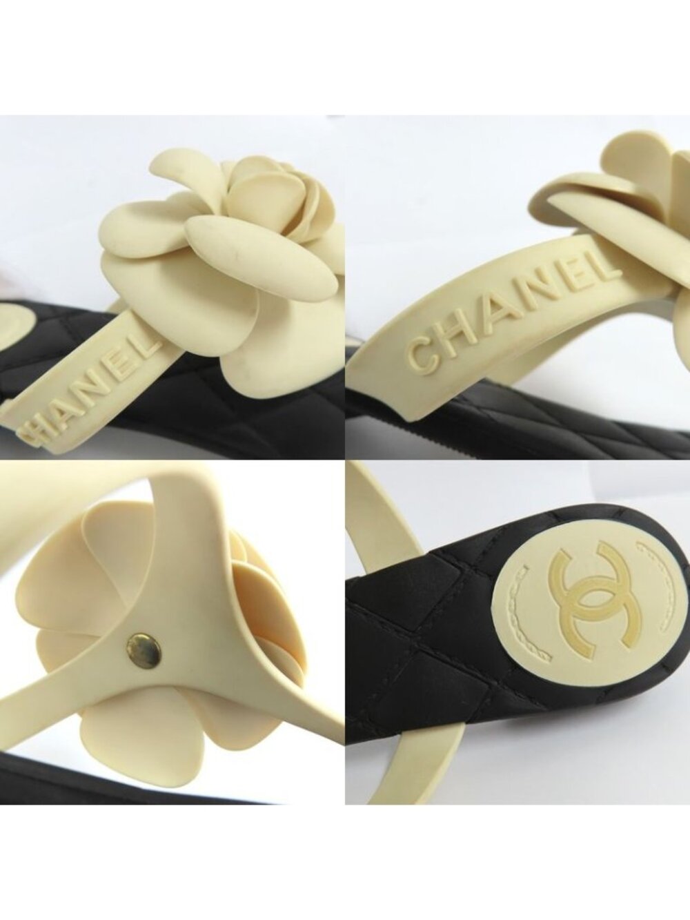 Chanel Camellia Beach Sandals Flat Heel 35 Black White Rubber Thong - Picture 10 of 11